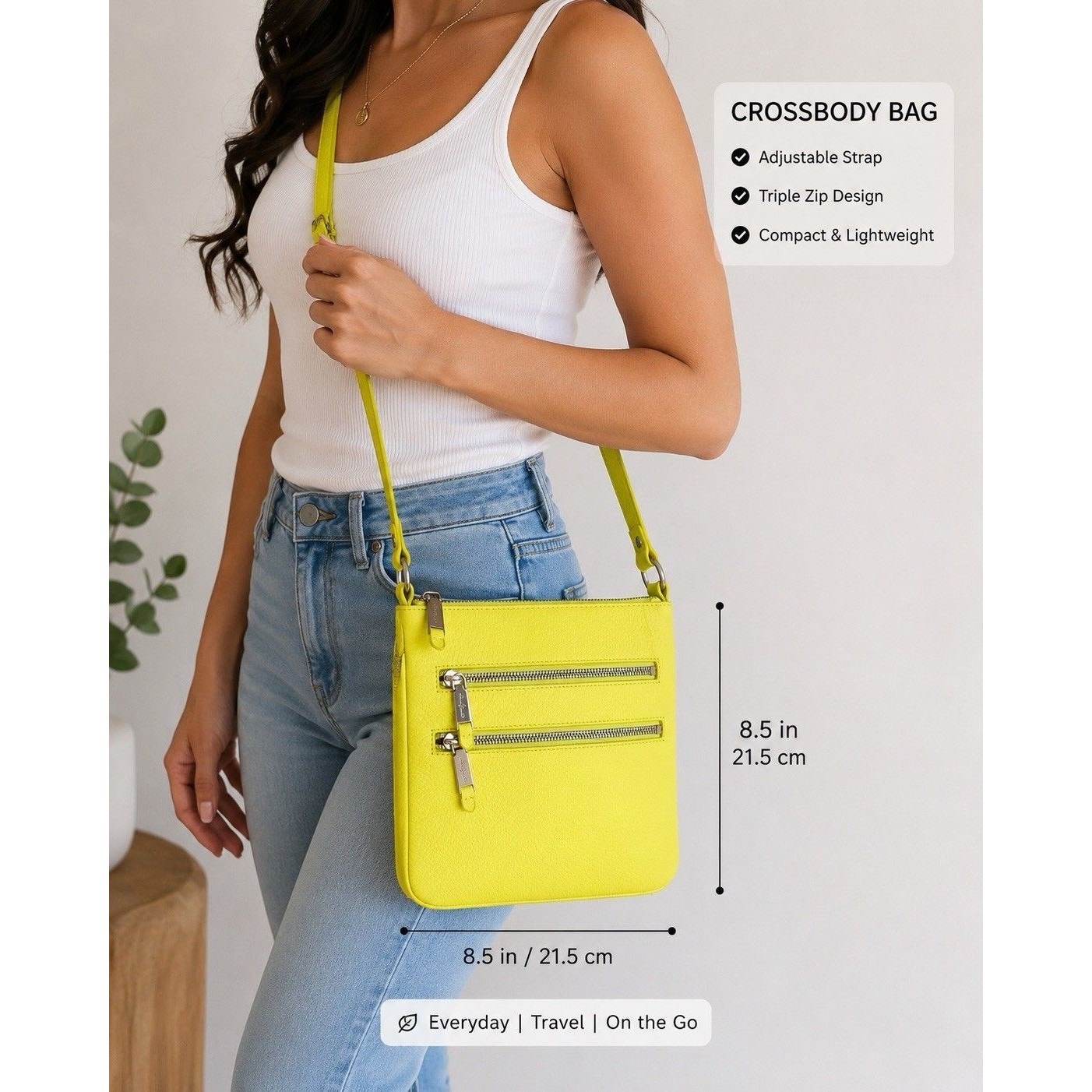 Cole Haan Neon Yellow Lime Green Pebbled Leather Crossbody Bag Expandable Zipper